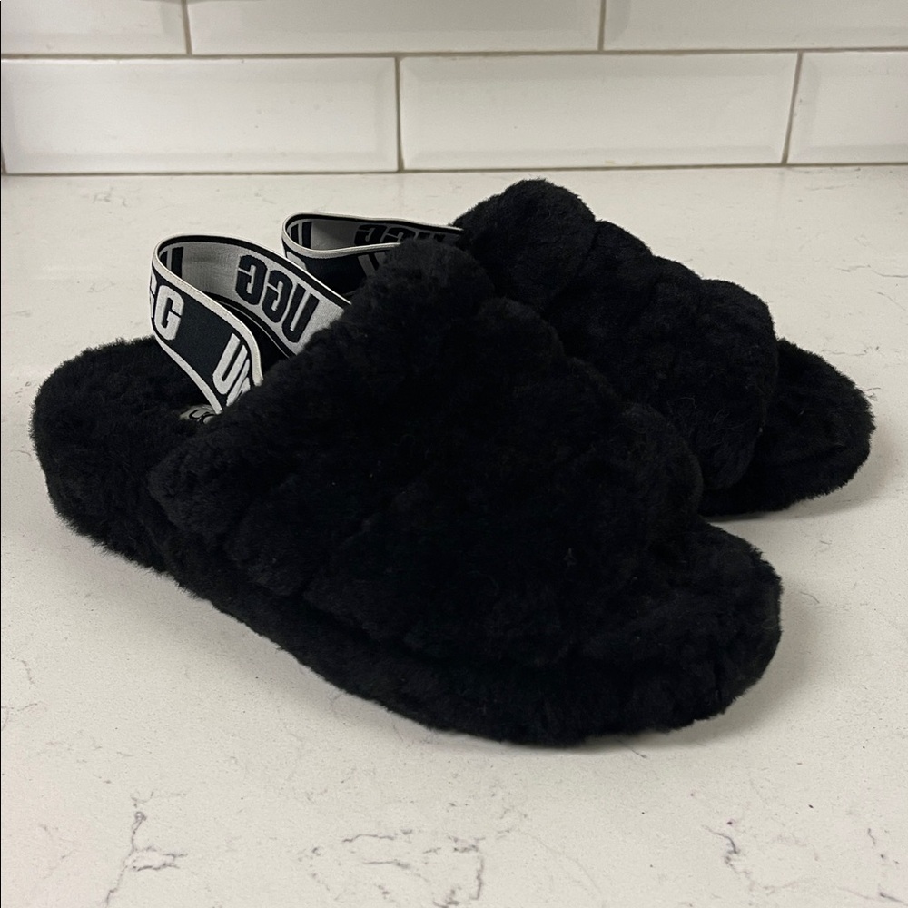 UGG Fluff Yeah Slide Women’s Size 7 Black Fluffy Slides - Picture 11 of 17